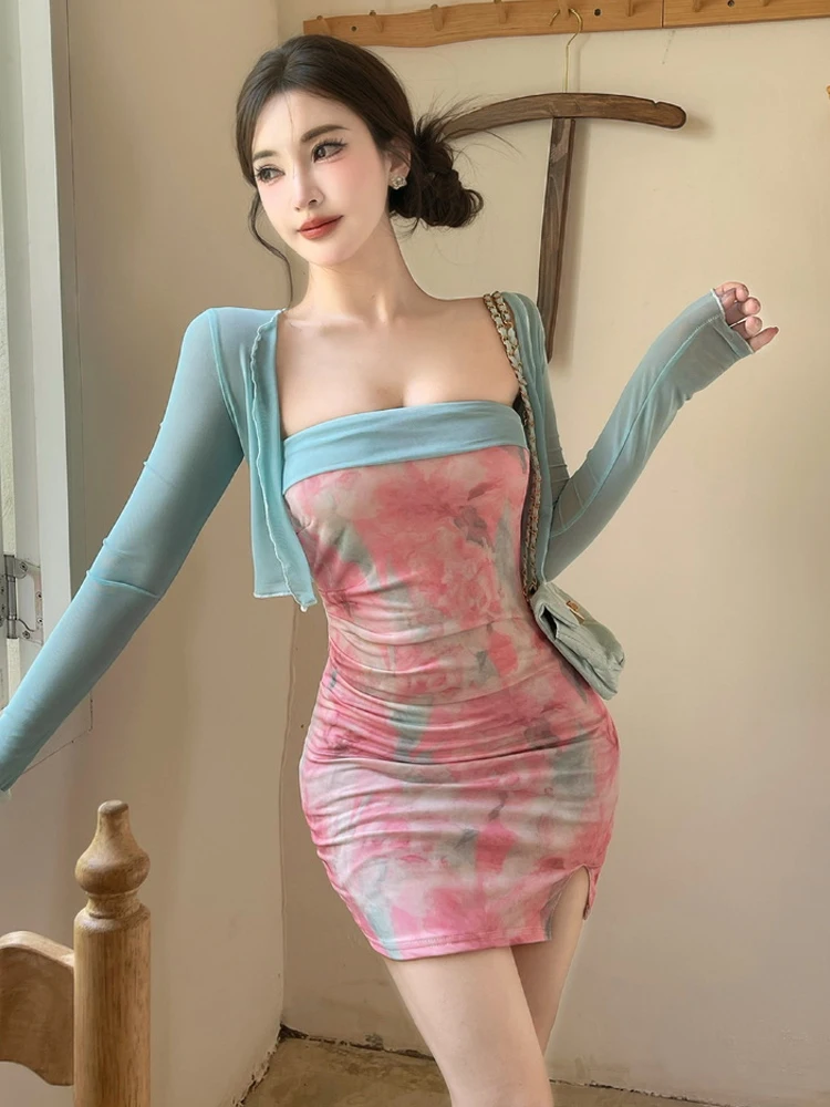 Sexy Color Block One Shoulder Print Bustier High Waist Slim Fit Pleated Sunscreen Dress Cardigan Two Piece Set French Style L...