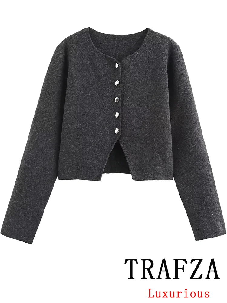 

TRAFZA Vintage Casual Chic Women Sweater Solid O-Neck Single Breasted Long Sleeve Knitted Fashion 2024 Autumn Winter Sweaters