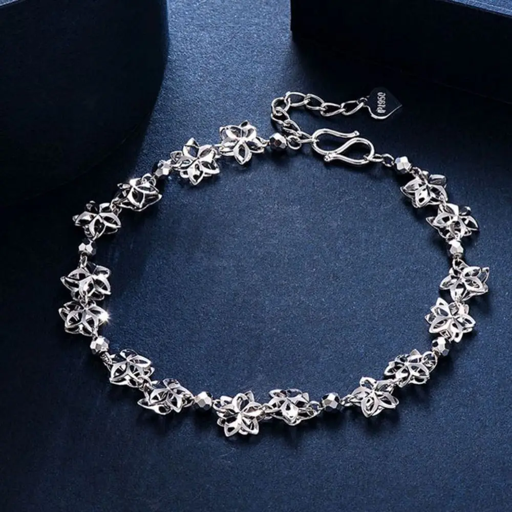 Real PT950 Pure Platinum 950 Chain Women Lucky Hollow Flower Beads Link Bracelet 5g