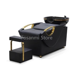 Backwash Barber Chair Massage Hair Washing Shampoo Bed Chair With Ceramic Sink Semi Reclining Flushing Bed Unit Station SpaSalon