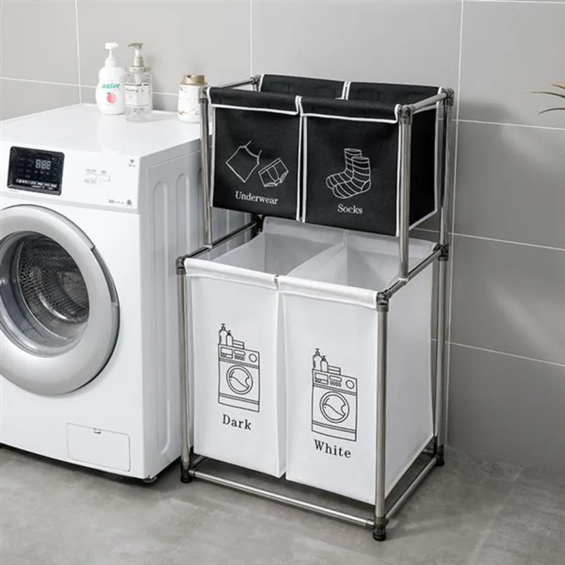 

Laundry Basket 2 Tier Clothes Sorter 4 Detachable Bags Organizing Clothes With Four Wheels For Easy Moving Laundry Light
