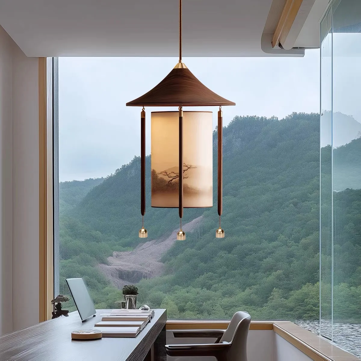 New Chinese Single Pendant Light Walnut Color Fabric Hanging Lamp with Ink Landscape Print for Tea Room Bedroom Balcony Study