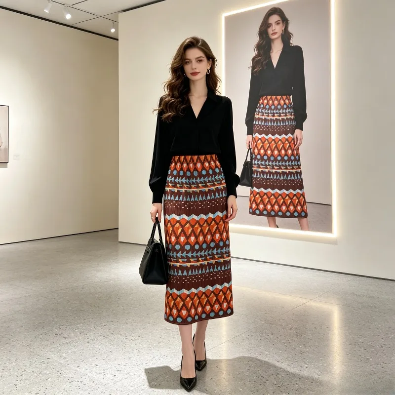 Miyake Pleated 2026 Summer New Niche Design Fashion Pleated Skirt Printed Pleated Casual Straight Half Skirt for Women Pleat