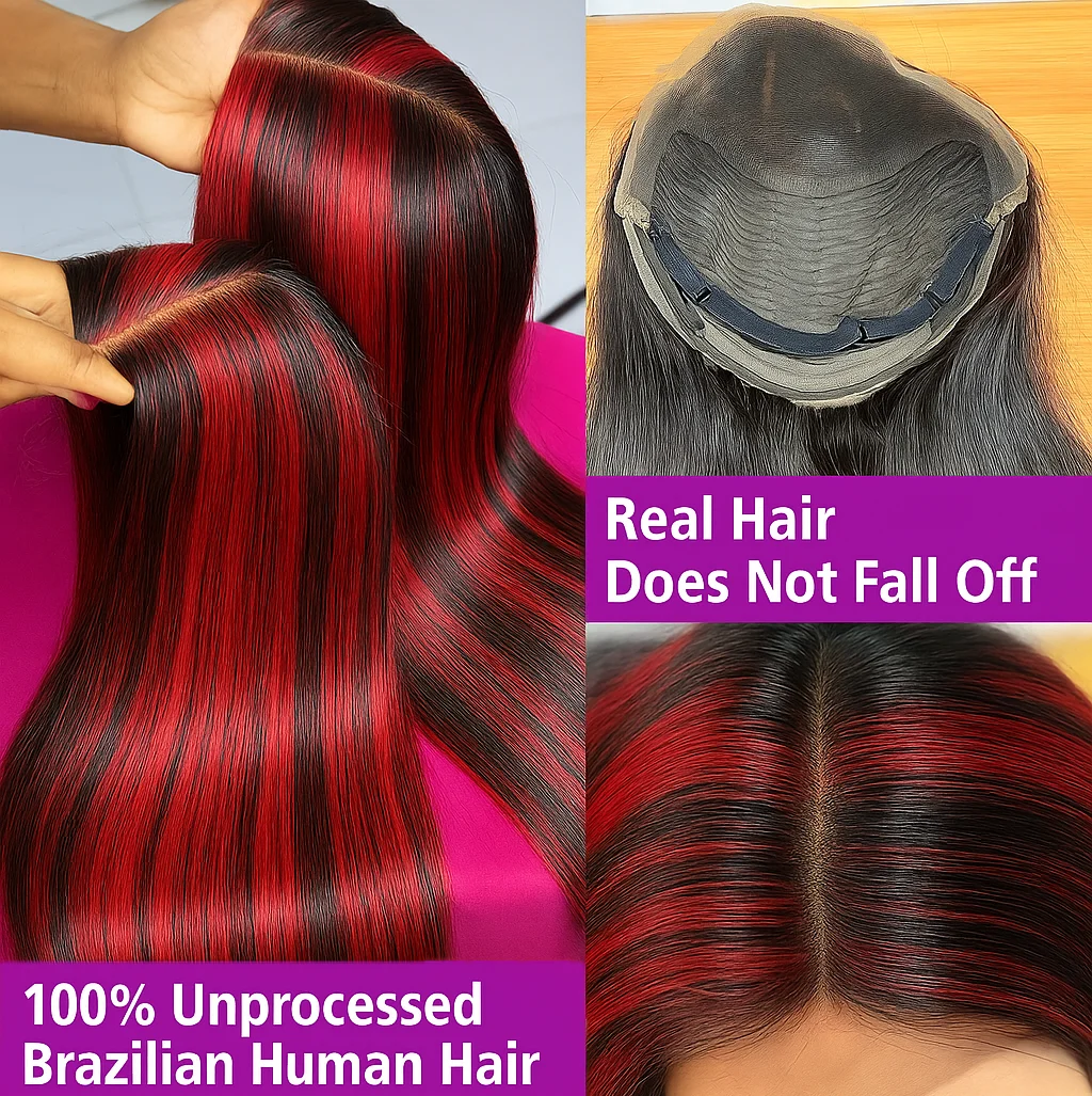 Parrucca per capelli anteriori in pizzo trasparente con densità 200% Rosso Nero dritto 5x5 Parrucche per capelli briziliani in pizzo frontale senza colla per le donne