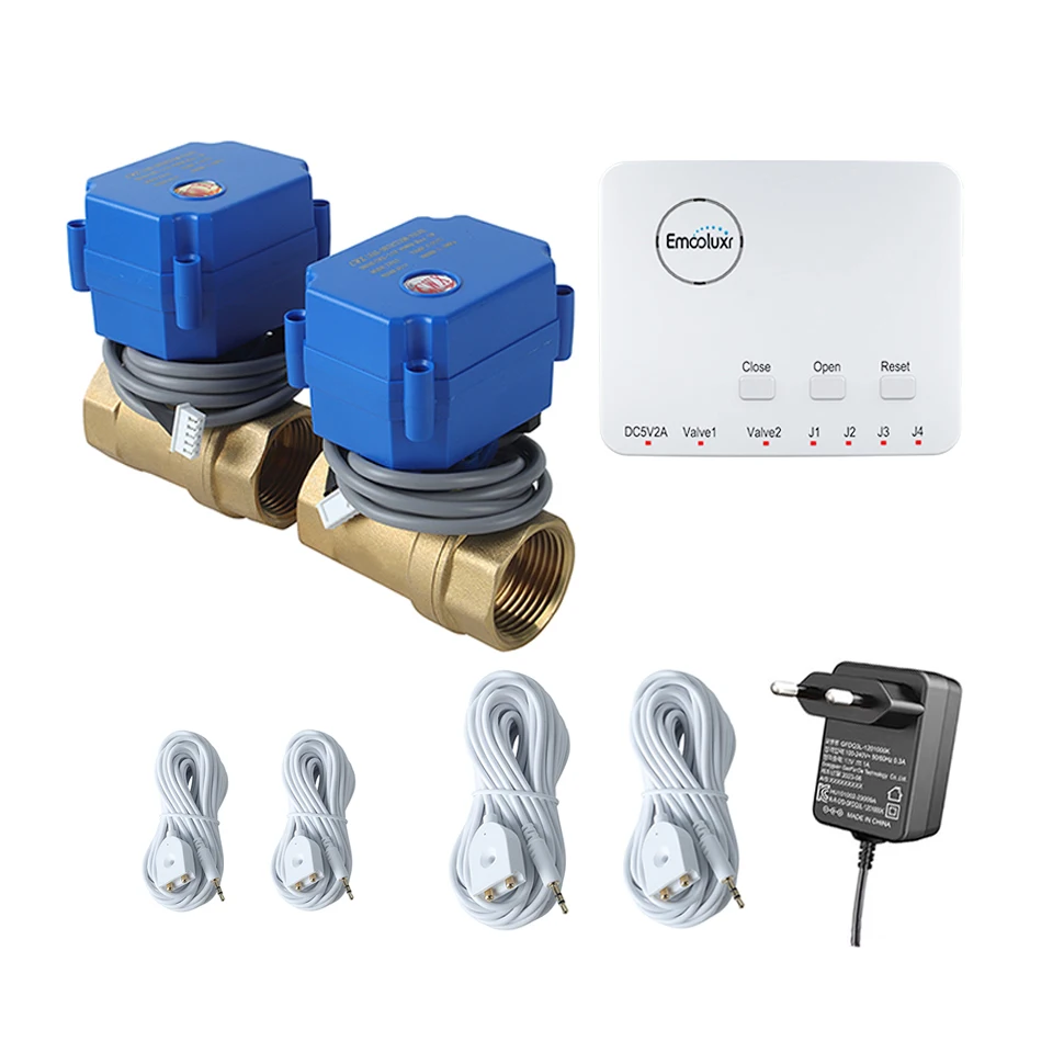 Батарейки сигнализации защиты от утечки воды или вилка европейского стандарта 5 В с латунным клапаном DN15 DN20 DN25 и датчиком воды (2 шт. 6 м, 2 шт. 20 м