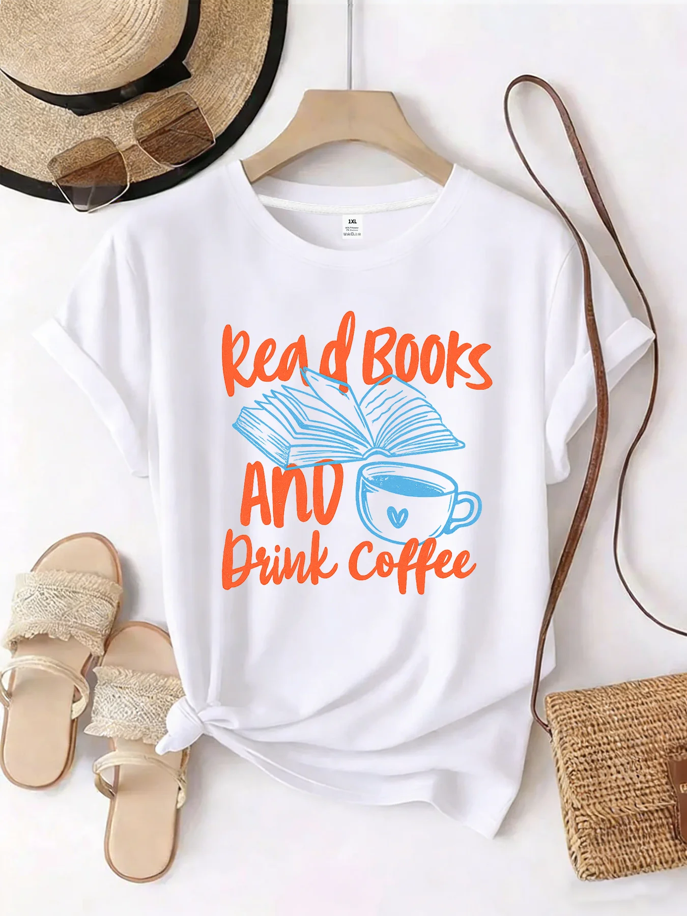 

【WZM101382】Женская футболка больших размеров с кофейным принтом, круглым вырезом, летняя, повседневная, с короткими рукавами, в уличном стиле, универсальная.