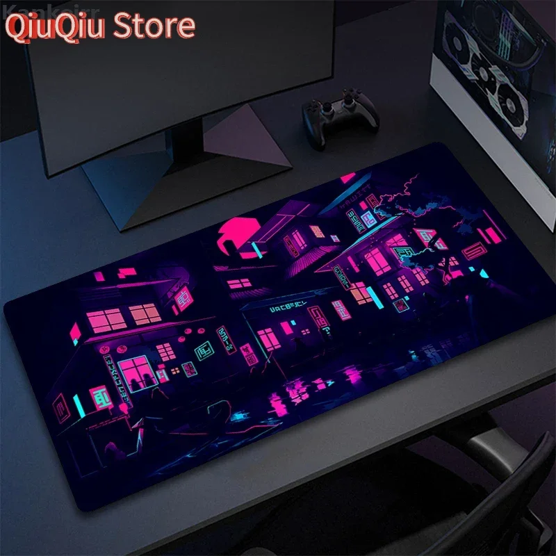 Lila Neon City Gaming-Mauspad, japanische Schreibtischunterlage, Toky Street, erweitertes Anime-Mauspad, Tastatur-Schreibtischunterlage für Gamer, Kunst-Spielmatte