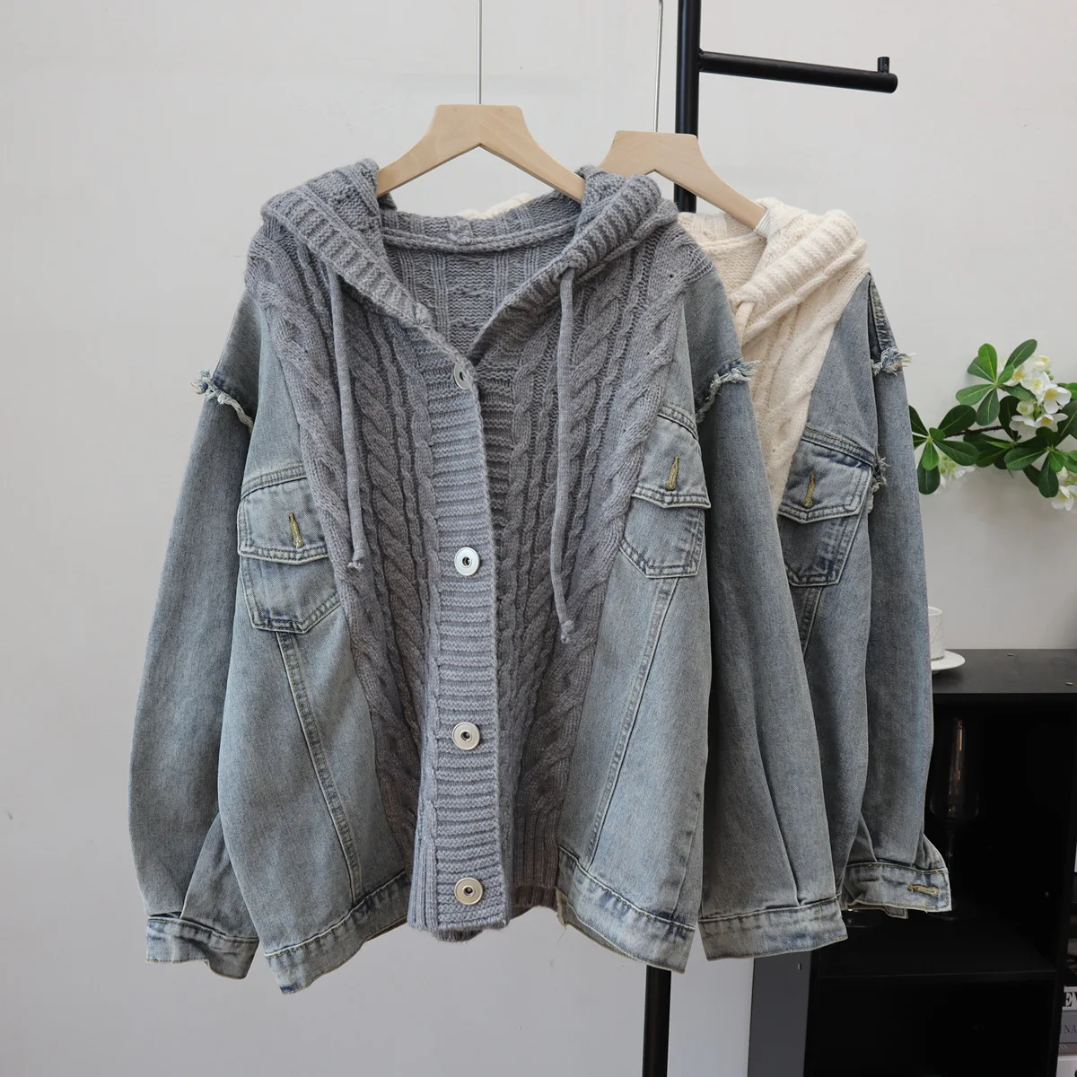 

Women Jeans Spliced Sweaters Cardigan Cable Knitted Jumpers Hooded Long Sleeves Single Breasted Loose Y2k Autumn Winter 2025