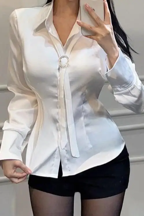 

2024 Spring Summer Chic Blouse Crystal Buckle Belted Satin Shirt Women's Slim Fit Wrap Top Trendy Office Elegant Tunic Tee New