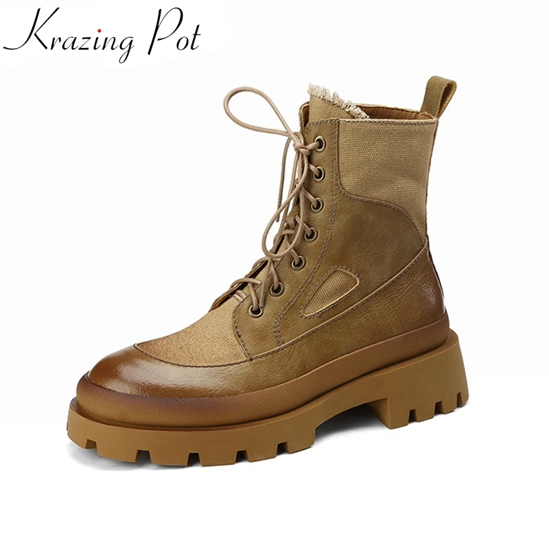 

Krazing Pot 2025 Handmade Cow Leather Fabric Thick Heel Motorcycles Chelsea Boots Warm Winter Shoes Vintage Concise Ankle Boots