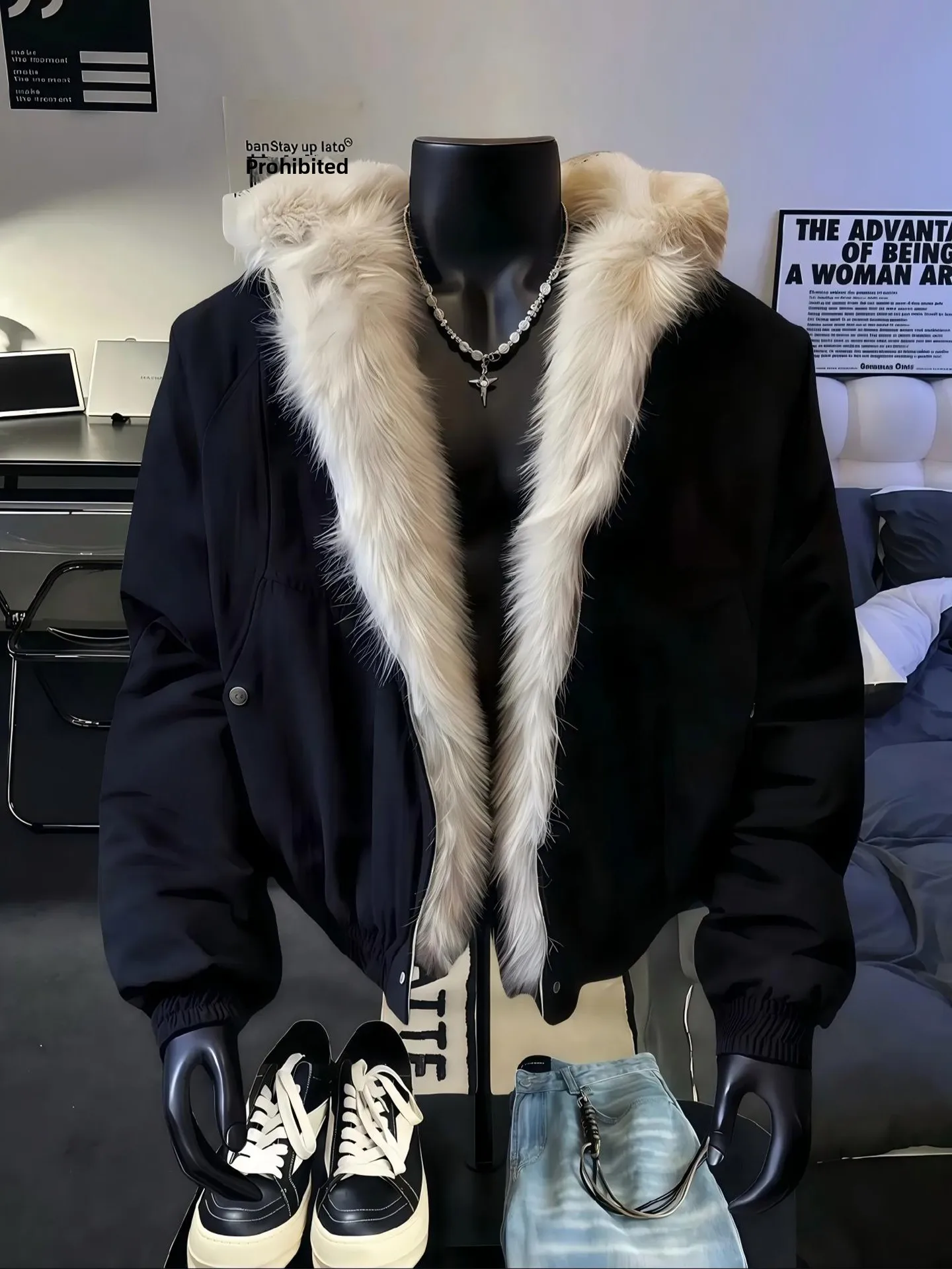 

Bla Hooded Jaet with Fur Collar ex Winter American Retro Cleanfit High Quali Couples Cotton Coat Youth ular Stan...