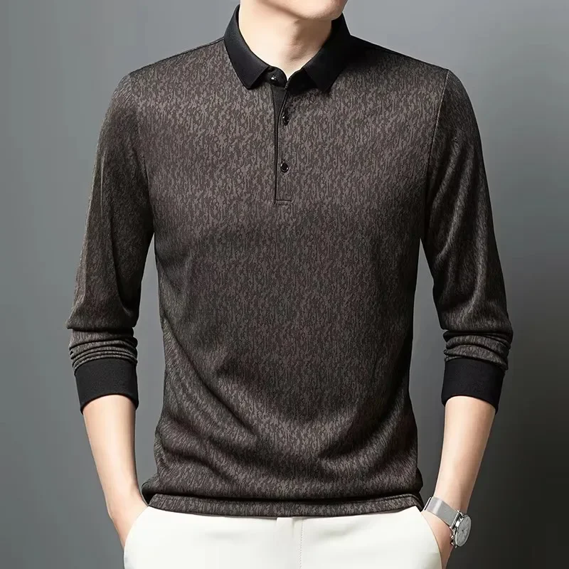 فاخر لطيف جديد الحرير تنفس كم طويل قميص بولو الرجال الربيع والخريف موضة الجاكار قميص الأعمال عادية تي شي