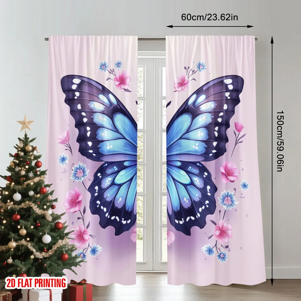 2pcs 2D flat printing Party Curtains Sparkle Butterfly Flower Floral Digital Printed Polyester Drapes Festive Wall Decor for