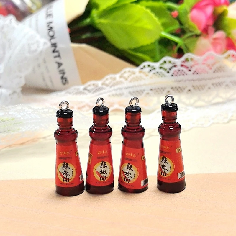 10pcs Chinese Chili Oil Bottle Resin Charms Miniature Pepper Seasoning Bottle Pendant DIY Cute Earring Jewelry Make