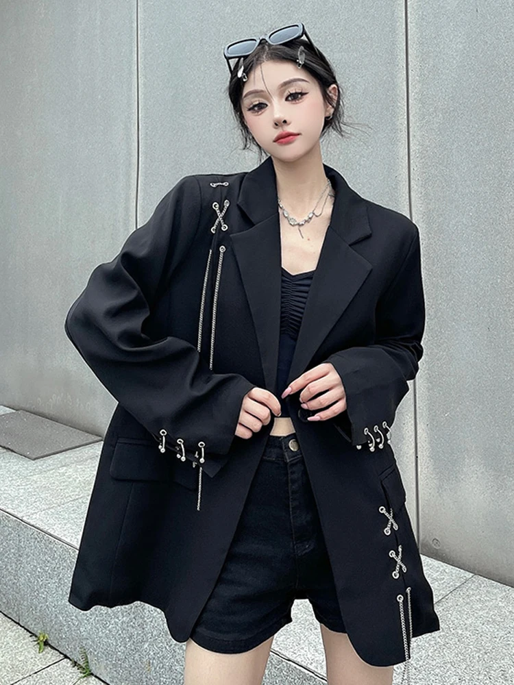 SONNEESD Streetwear Harajuku Style Fashion Neutral Personality Chain Design Coat Vintage Loose Black Stereo Cutting Suit Coat