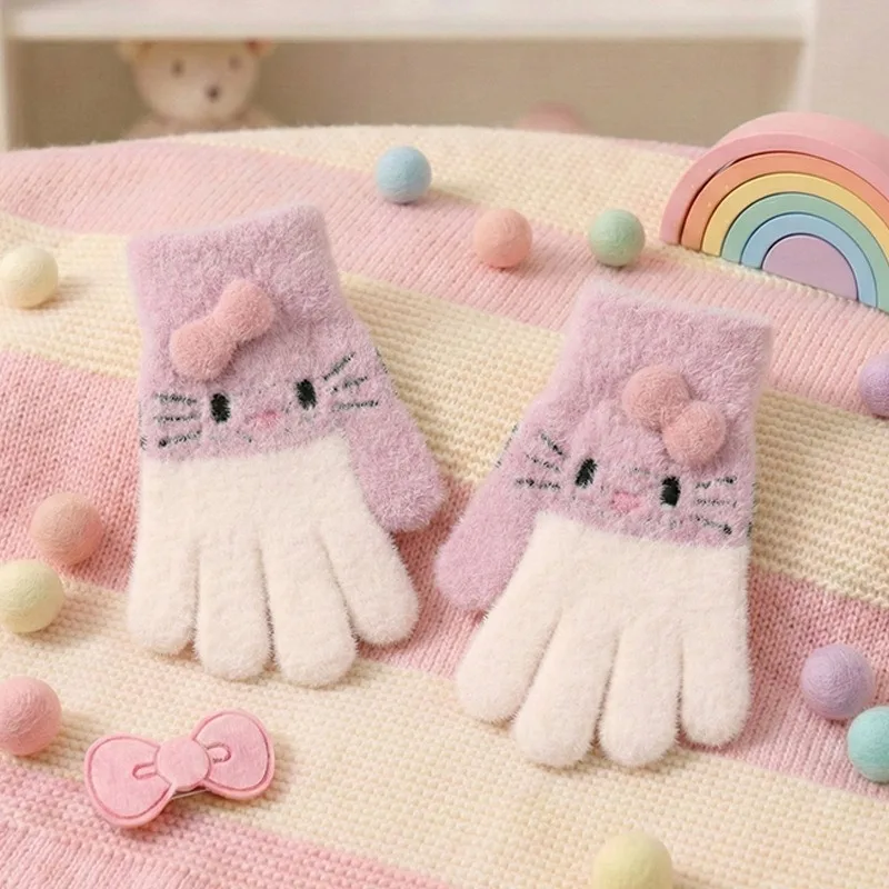 Warm Women's Winter Glove Knitted Thickened Cute Cat Jacquard Glove Stretchy Faux Mink Fur Knitted Glove