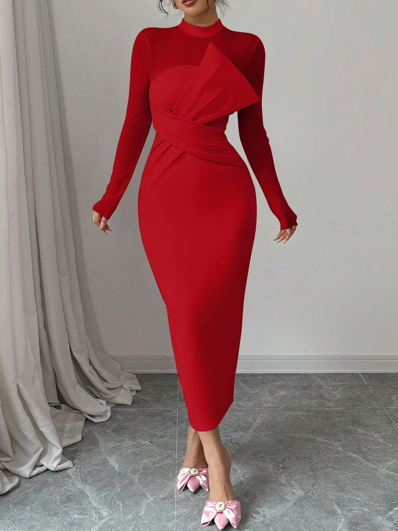 Autumn Women's Dresses Streetwear Fashion Long Sleeve Half turtleneck Maxi Dress Solid Sexy See Through Bodycon Dresses Clothing