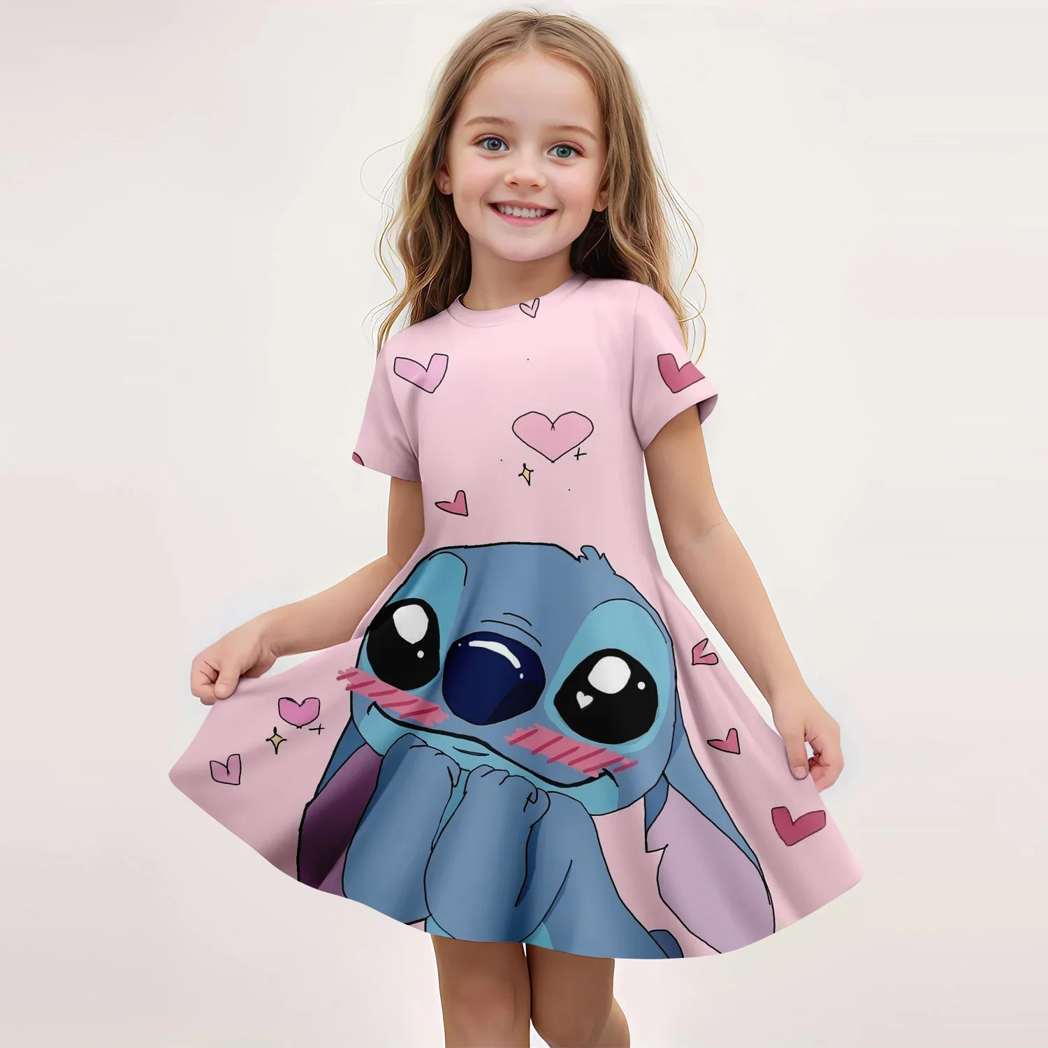 

MINISO Summer Children's New Fashion Girl Dress Comfortable Cartoon Cute Disney Dress 3D Print Stitch Short Sleeved Dress