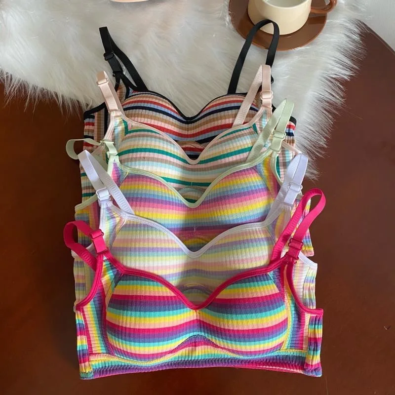 Spicy Girl Rainbow Striped Gathering Bra For Women Small Chest Soft Thin Traceless Underwear Colorful Breathable Bras Lingerie