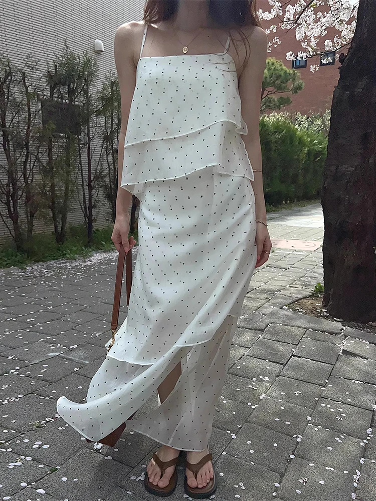 Ele Summer New Polka Dot Strapl Long Dr Donna Sle Layered Sense Splice Casual Vacanza Faion Svel Dr