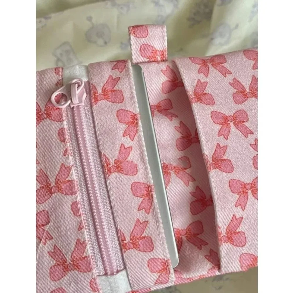 Girls Casual Storage Bag For Women Bow Print Pink Coin Purses Canvas Small Zipper Cash Wallet Large Capacity Card Holder