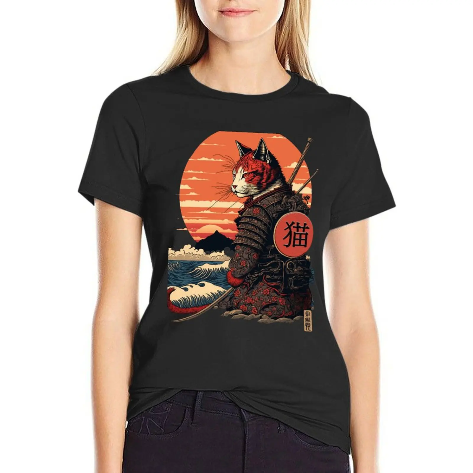 

Ukiyo e Samurai Cat T-Shirt graphics funnys vintage clothes t shirts for Women