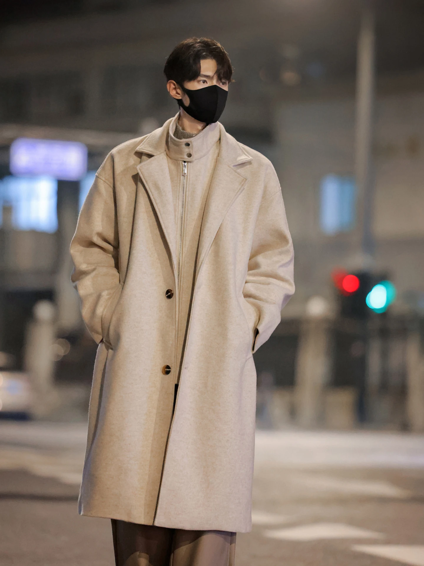 

Корейское мужское шерстяное пальто свободного кроя с длинными лацканами, зимняя куртка, однотонное, теплое, модное, из полиэфирного волокна, повседневное, молодежное