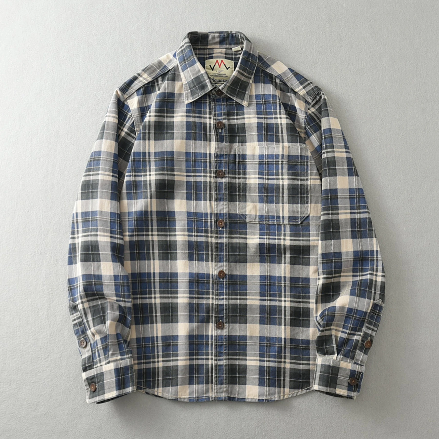 Spring And Autumn New American Retro Long-Sleeve Lapel  Cargo Plaid Shirt Men\'s Fashion Pure Cotton Washed Casual Blouses