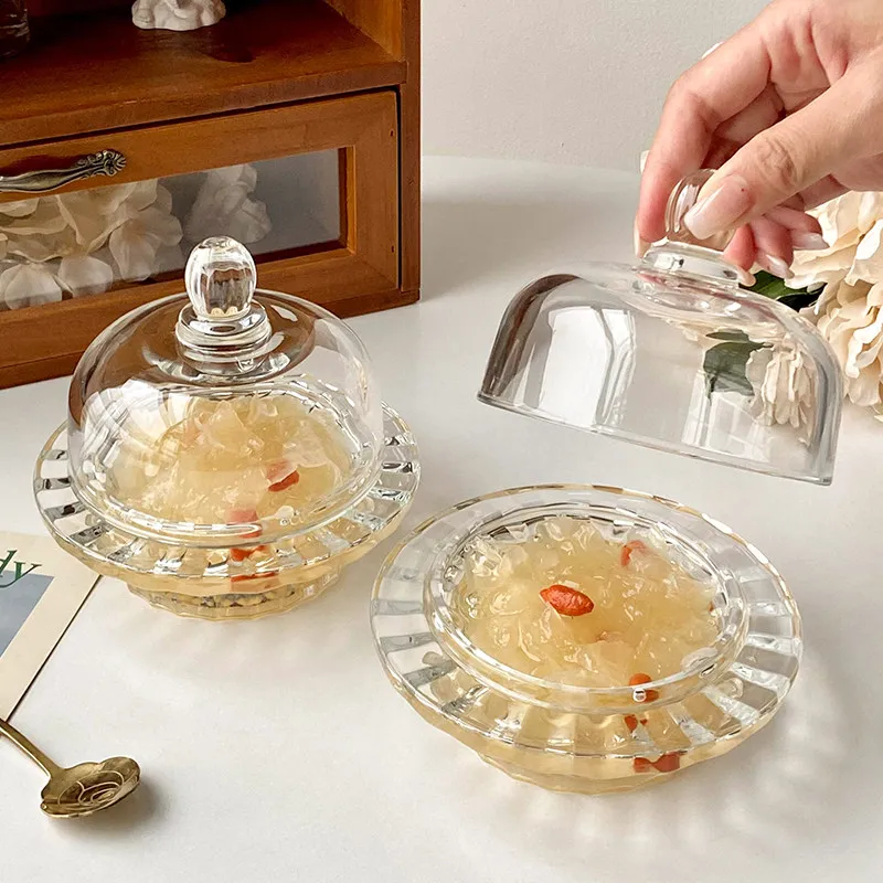 1pcs Chinese Bird's Nest Bowl White Fungus Cup Glass Belt Cover Transparent Delicate High Grade Fruit Dim Sum Dessert Soup Cup