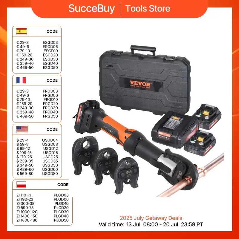 VEVOR Mini Pro herramienta de prensa 18V herramienta de prensado de tubos eléctricos para 1/2 "3/4" 1 "kit de herramientas de prensa de tubos de cobre con 3 mandíbulas 2 uds batería