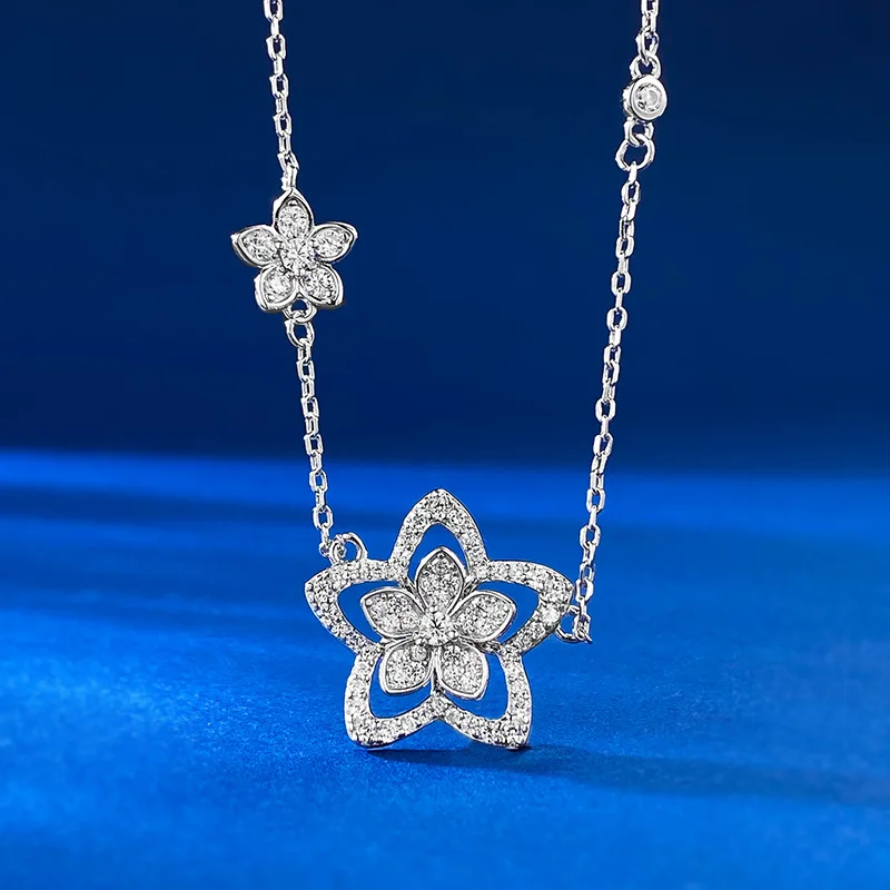 Hollow out five petal flower necklace for women's flower shaped wildflower small flower pendant S925 silver collarbone chain thi