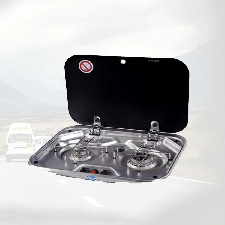 

High Quality RV Double burner Gas Stove with Lid Silver Square Grill Stove Rv Gas Stove Camping Kitchenware