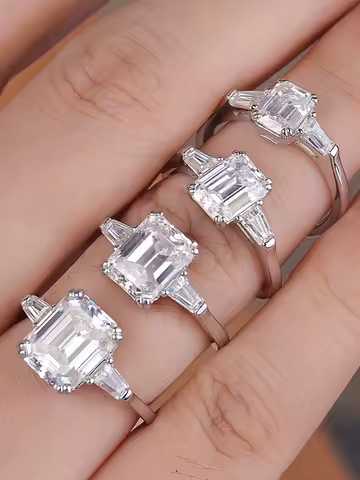 1-4 Carat Emerald Cut Moissanite Rings for Women D VVS1 Three Stone Diamond Engagement Ring Side Baguettes 925 Silver Jewelry