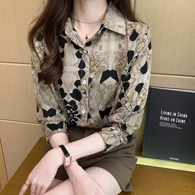 Women Spring Vintage Printing Loose trend Turn-down Collar Long Sleeve Shirts Women Clothes Casual All-match Office Lady Tops