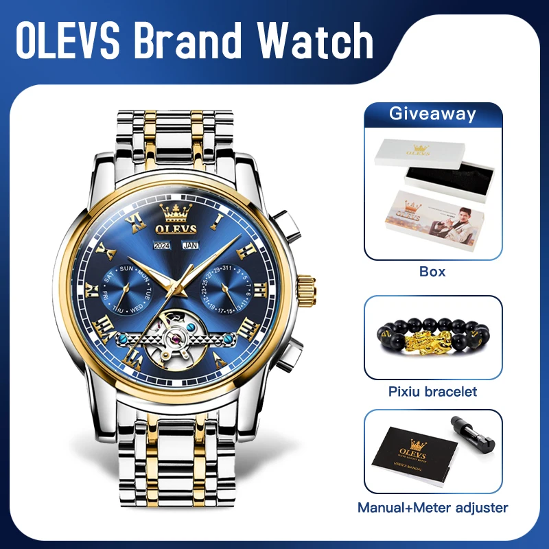 

OLEVS 6607 Mens Watch Automatic Mechanical Business Wristwatch Waterproof Strap Watch for Man Skeleton Calendar Mens Gifts Reloj