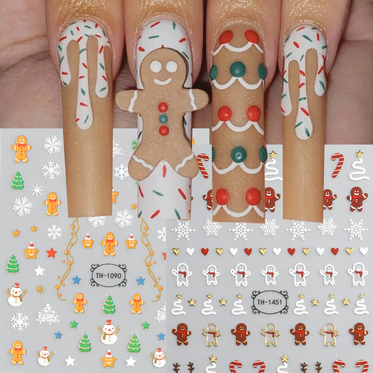 2pcs Christmas Nail Art Stickers Gingerbread Man Christmas Tree Star Heart Snowman Candy Cane Self‑Adhesive Nail Decals Manicure