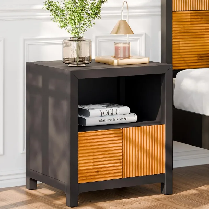 Solid Wood Nightstand, Fully Assembled Mid-century Modern Side Table, Unique Pattern Bedside Dresser for Bedroom and Living Room