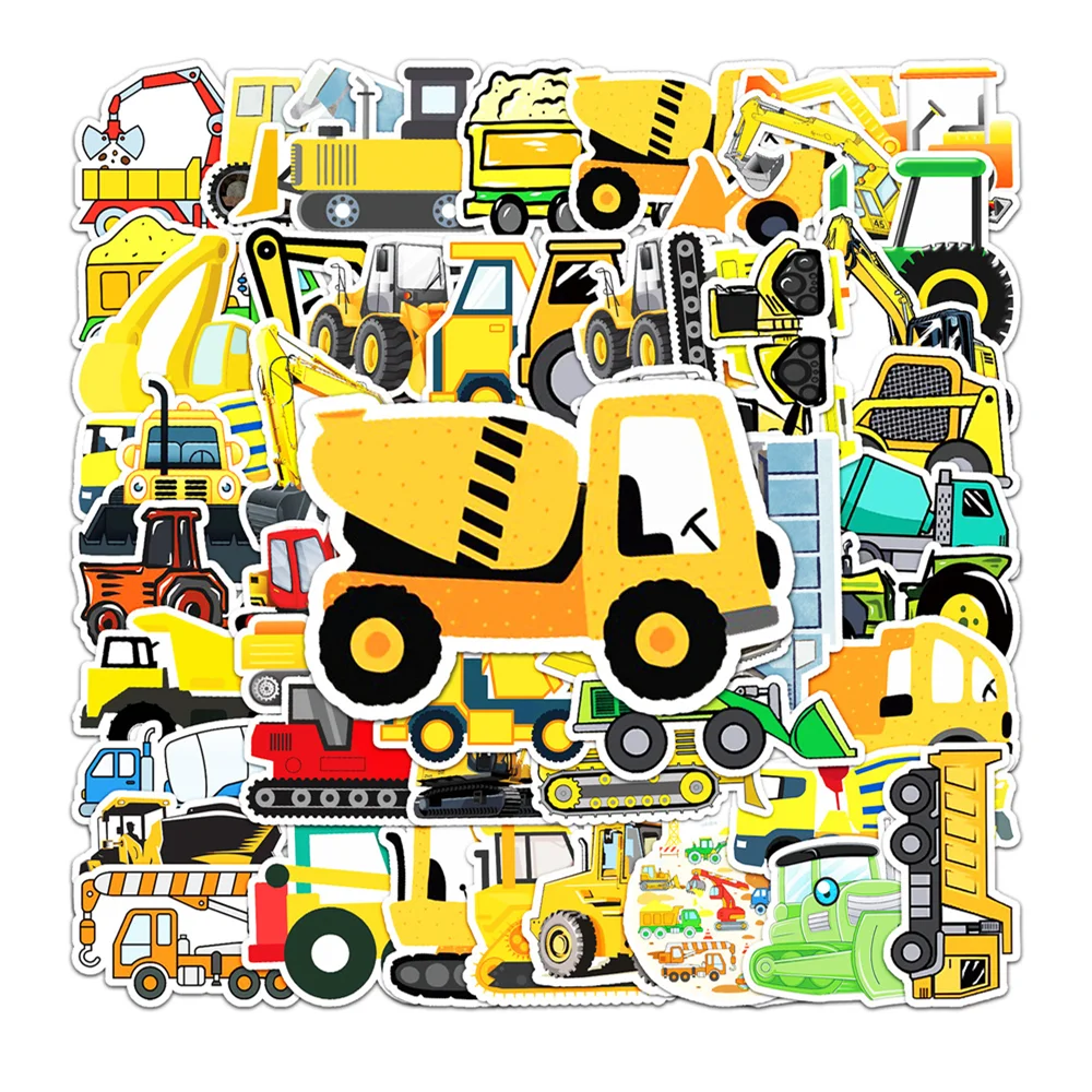 10/30/50PCS Children Cartoon Engineering Vehicle Excavator Forklift Sticker Toy Luggage Laptop iPad Notebook Sticker Wholesale