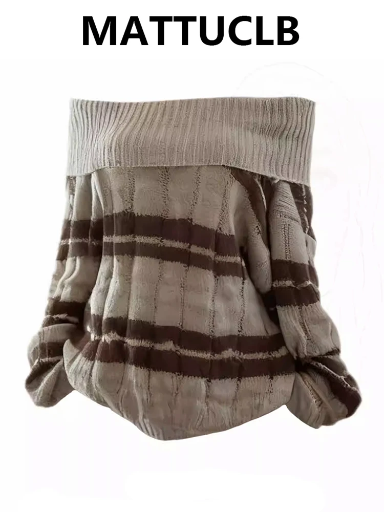 

Winter Women's Cuddly Slash Neck Sweater Korean Jerseys Long Sleeve Striped Vintage Jumper Thick Knitwear Oversize Pullovers