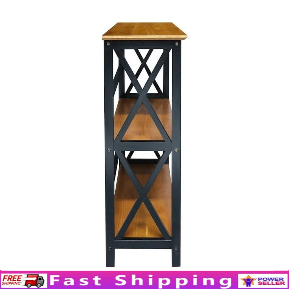 

Antique Walnut Black 3-Shelf Bookcase Solid Wood Modern X-Design Home Storage Easy Assembly Durable Furniture