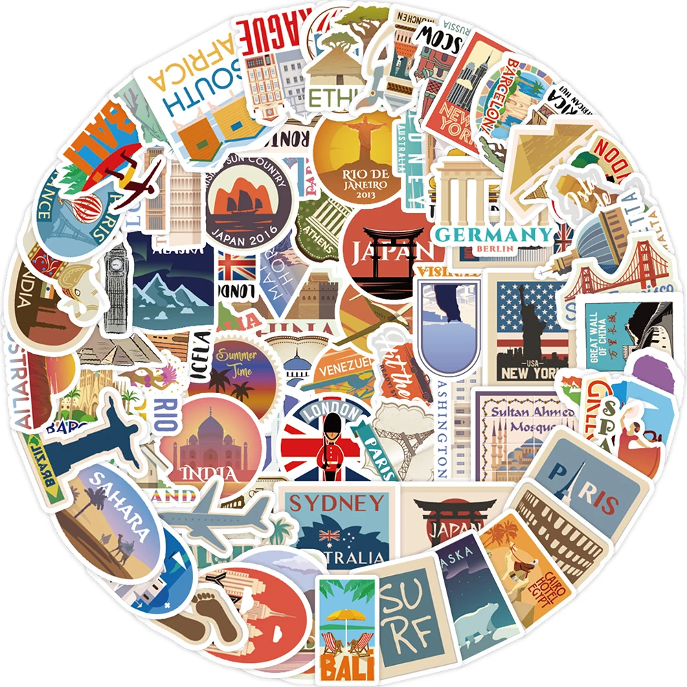 

10/30/50/100pcs World Travel Graffiti Stickers Country Landmark Cartoon Decals DIY Laptop Suitcase Phone PVC Sticker Decoration