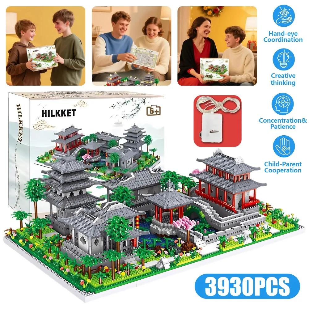 3930-teiliges Suzhou-Garten-Bausteinset, Modell einer klassischen chinesischen Gartenarchitektur, architektonische Modelldekoration, geeignet für Wohnzimmer, Schlafzimmer und Arbeitszimmer
