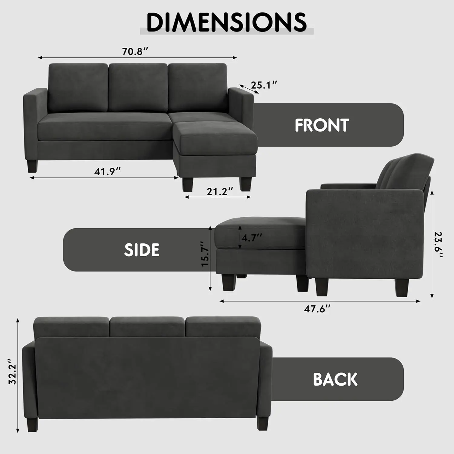 YESHOMY Convertible Sectional 3 L-Shaped Couch Soft Seat with Modern Linen Fabric, Space-saving Sofas for Living Room, Apartmen