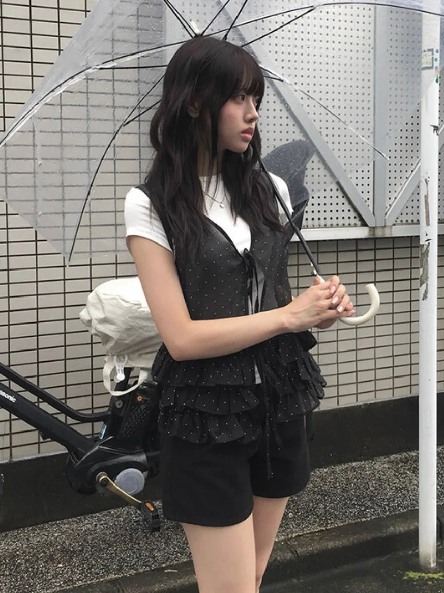 韓国風スイートポルカドット柄蝶ネクタイフリルスウェットTシャツ無地トップスデニムスカート付きレディースサマーウェア