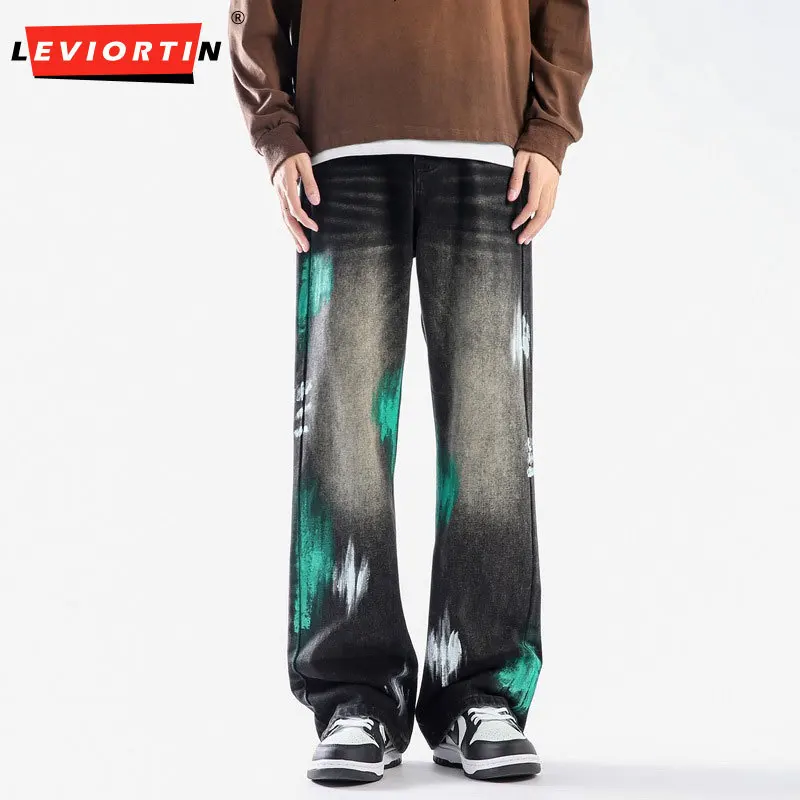 GrGraffiti jeans men's 2024 autumn straight leg pants versatile loose casual high street rough handsome wide leg pants AR-KZ838