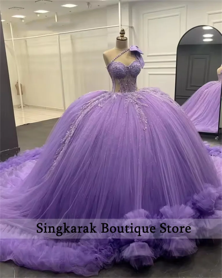 

Mexico Lavender Purple One Shoulder Quinceanera Dress Ball Gown Bead 2025 Birthday Dress Bow Princess Gown Customized