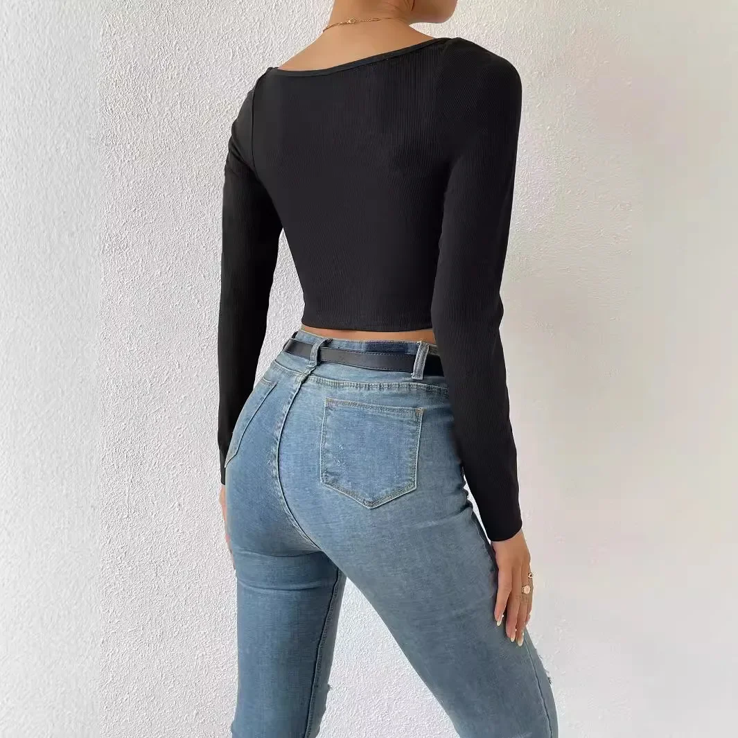 ผู้หญิงถักหน้าอกต่ําPullovers Crop Pulloversเสื้อกันหนาวผอมเซ็กซี่Slimสแควร์คอเสื้อถักแขนยาวจัมเปอร์Top