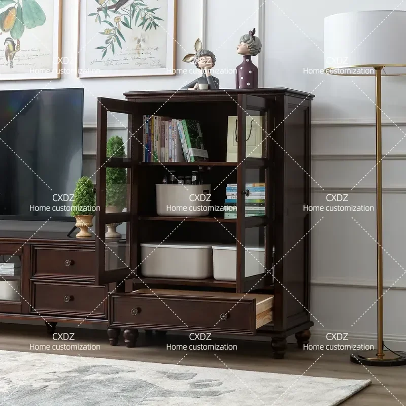 Huadani American solid wood wine cabinet Small apartment double door living room TV side cabinet Multifunctional wall storage