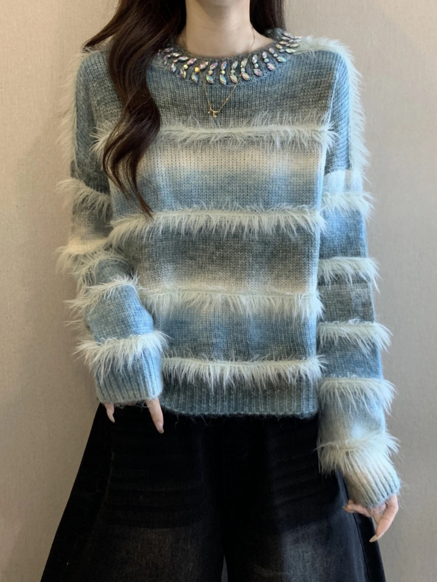 

Graduated Color Stripe Knitted Sweater Women's Spring Autumn plus Size Short Heavy Embellished Diamond Top Korean Style