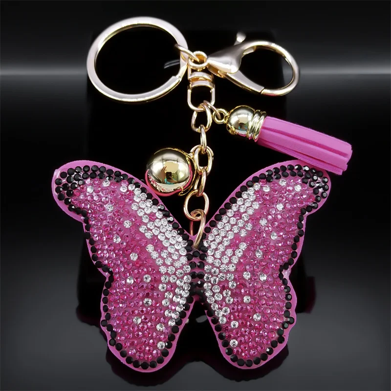 Y2K Pink Butterfly Keychains for Women Girl Rhinestone Gold Color Metal Keyring Jewelry Lady Fashion Bag Car Accessories N9800S1